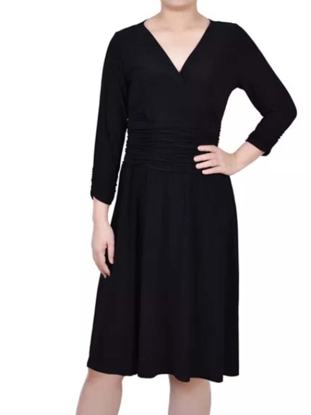 Black Ruched A-Line Faux-Wrap Midi Dress
